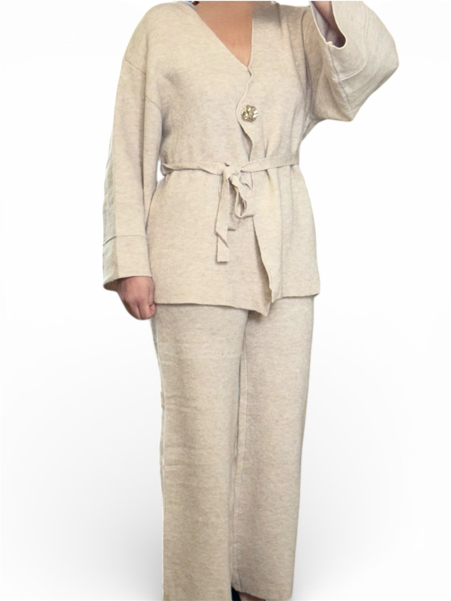 Ensemble Maille Chaud & Élégant – Pantalon & Gilet Ceinturé